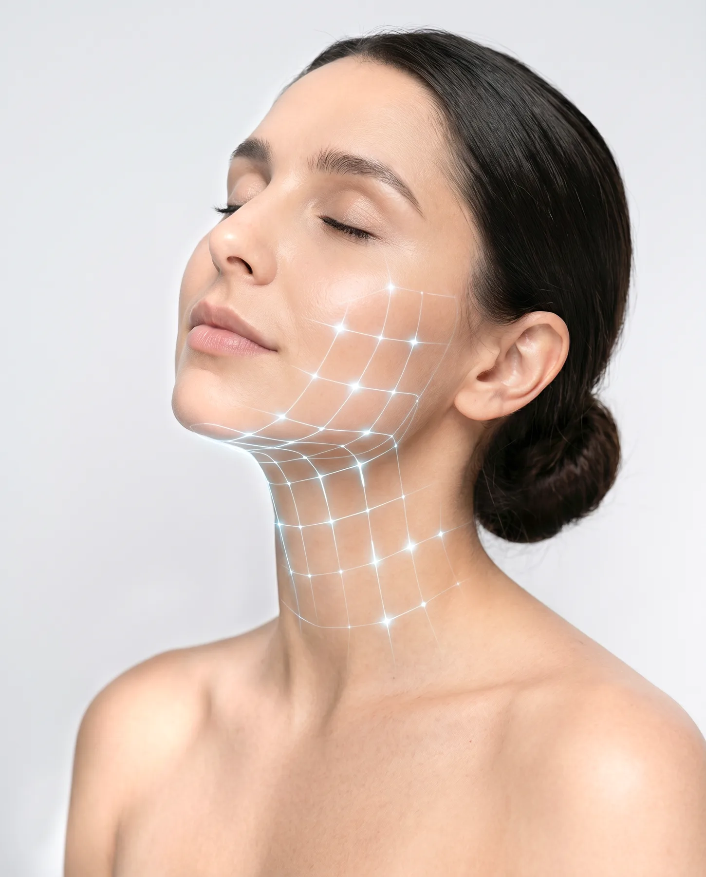 Woman with beauty science light grid on her skin
