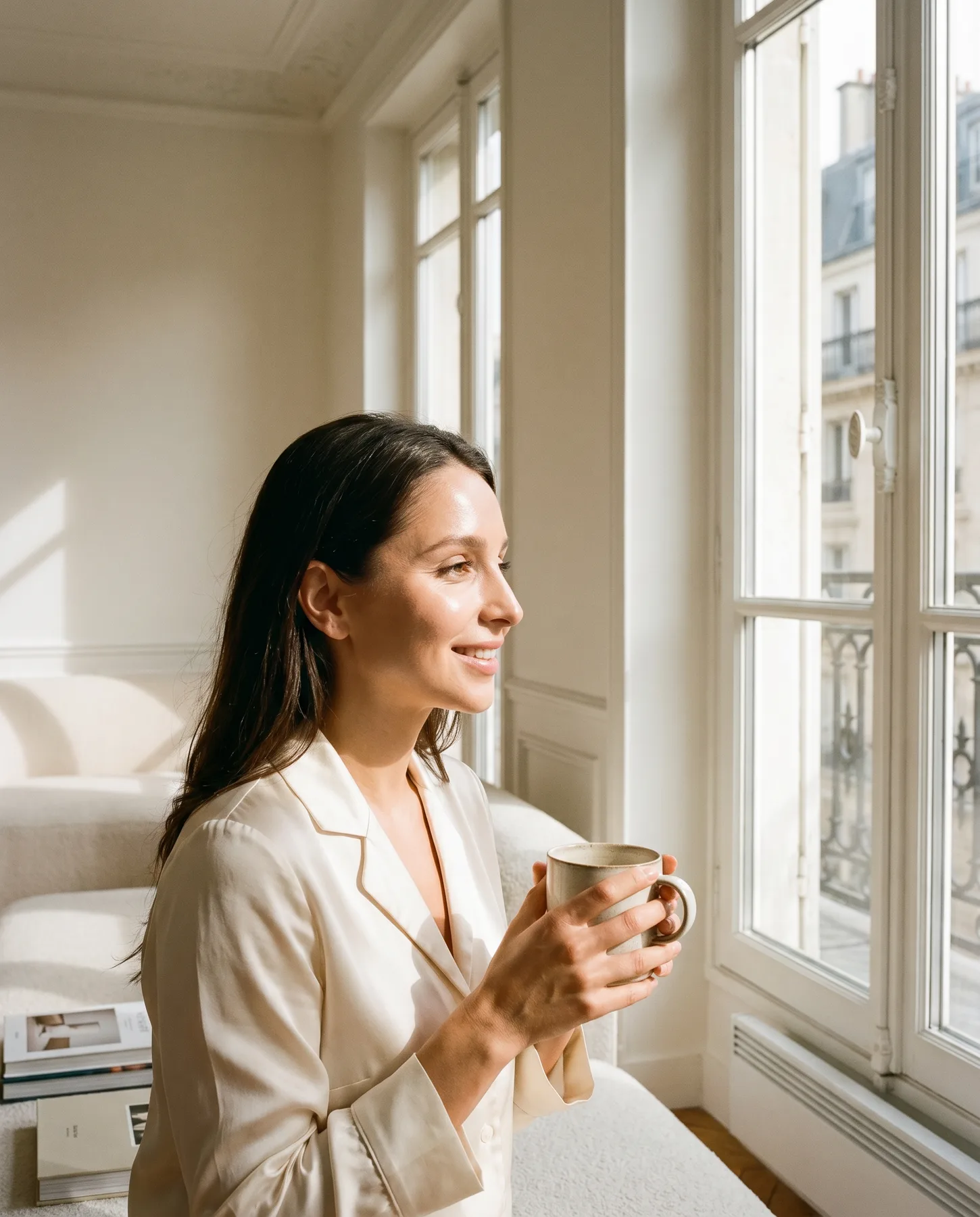 Woman smiling beside a bright window