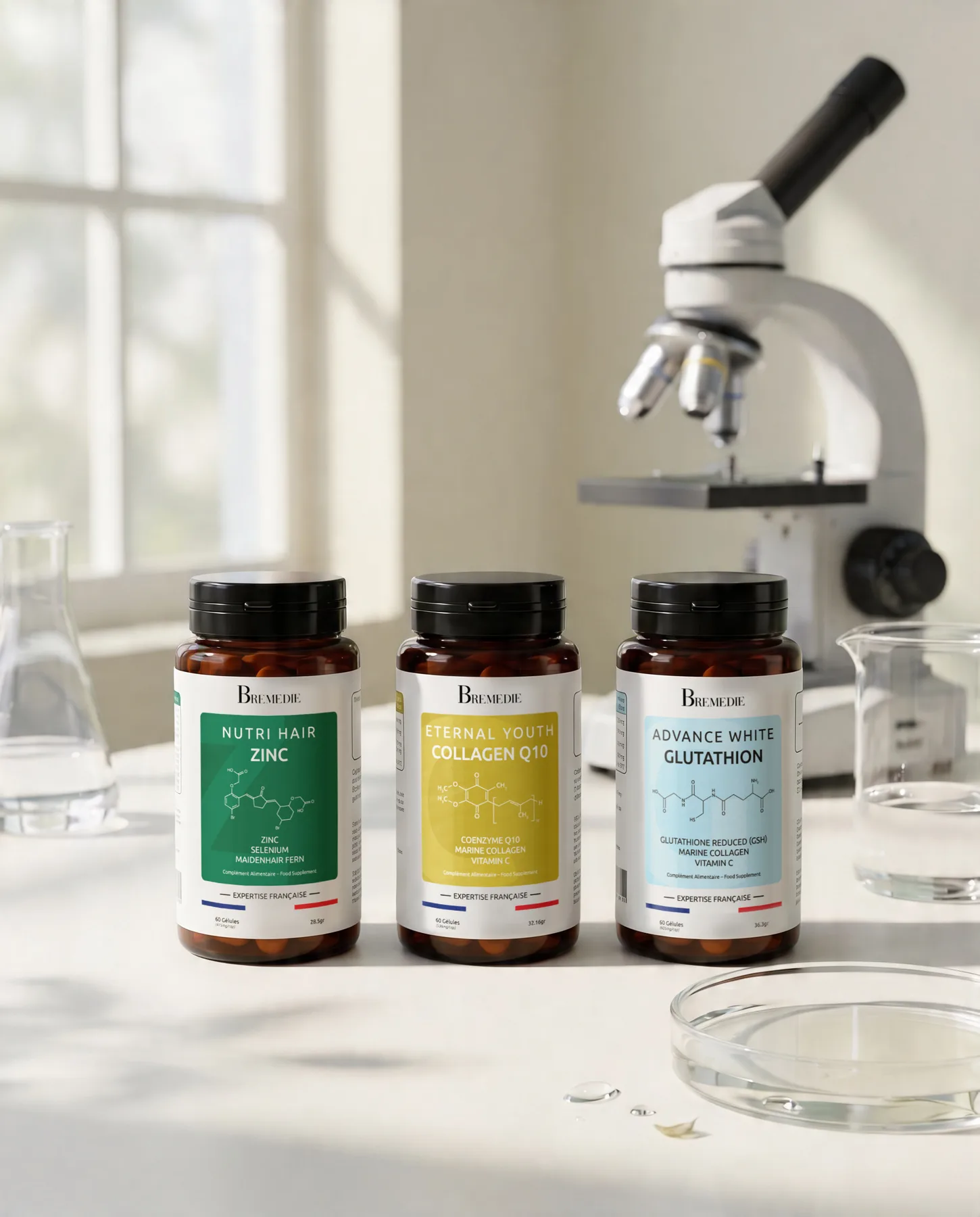 Bremedie supplement bottles beside laboratory equipment