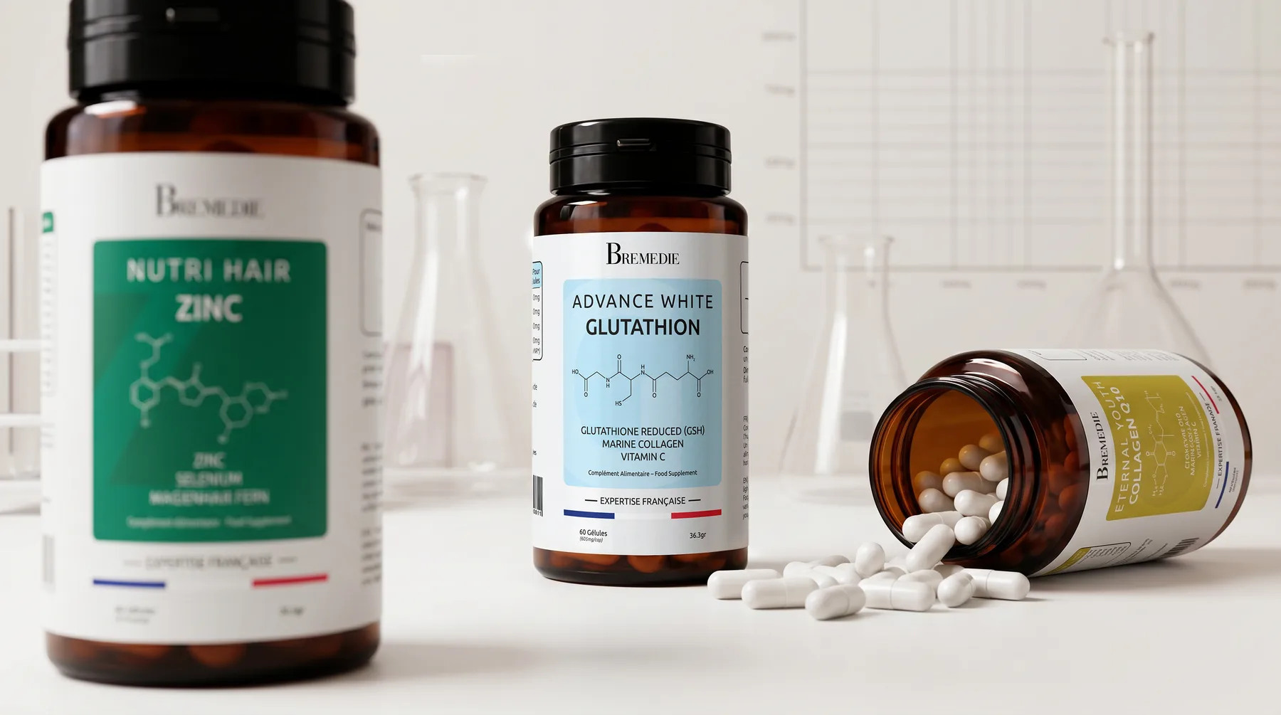 Bremedie supplements with capsules and laboratory glassware